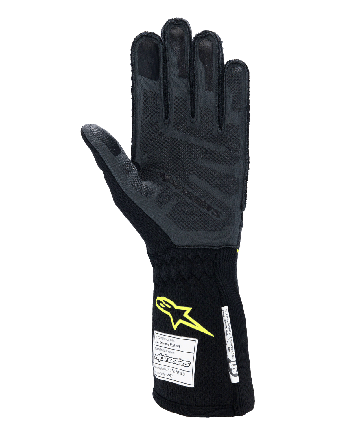 Guanti Alpinestars Tech-1 ZX V4, guanti da gara auto, Tar Gray e nero con logo giallo fluo, vista del palmo con grip in silicone 3D testurizzato e etichette di certificazione di sicurezza FIA/SFI, equipaggiamento professionale per motorsport
