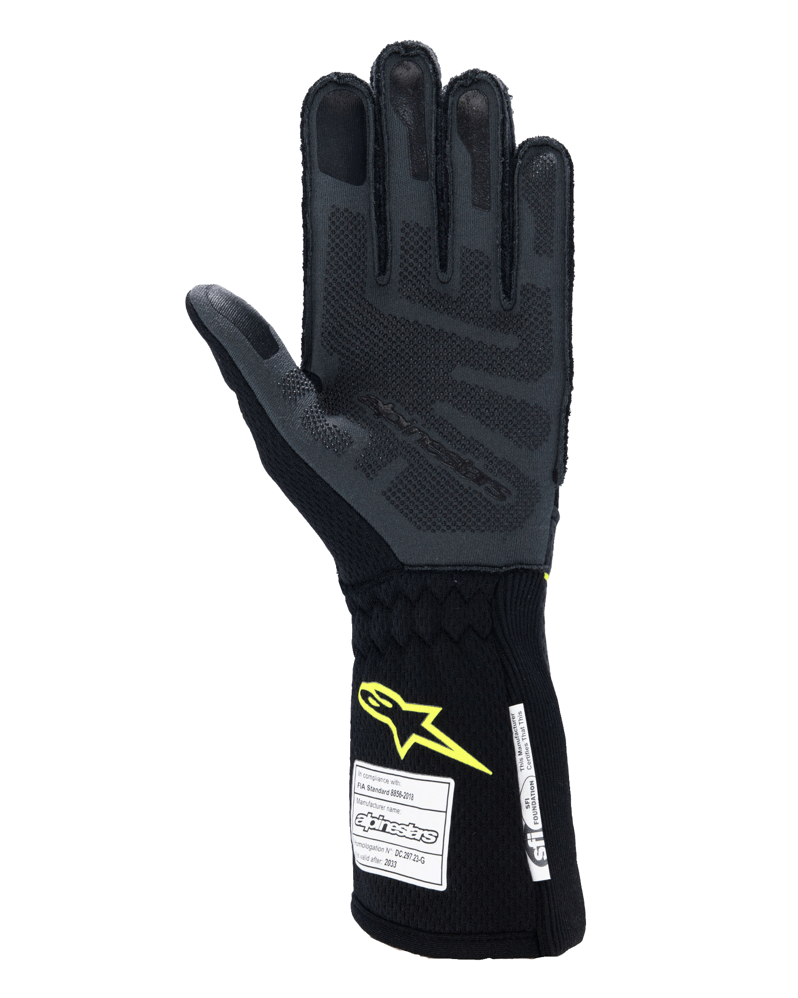 Guanti Alpinestars Tech-1 ZX V4, guanti da gara auto, Tar Gray e nero con logo giallo fluo, vista del palmo con grip in silicone 3D testurizzato e etichette di certificazione di sicurezza FIA/SFI, equipaggiamento professionale per motorsport