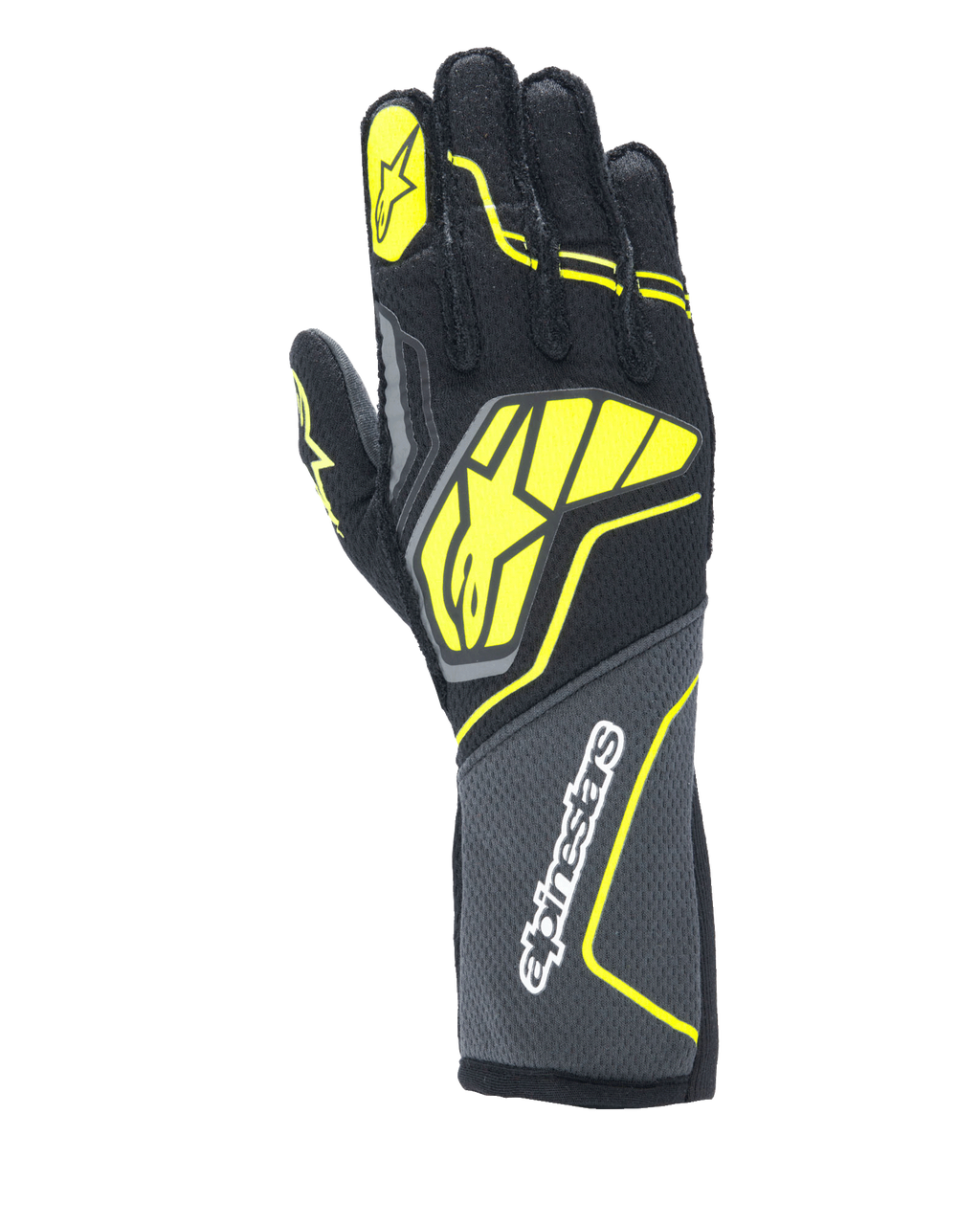 Guanti Alpinestars Tech-1 ZX V4, guanti da corsa per auto, Tar Gray, nero e giallo fluo, con un grande logo a stella giallo sul dorso e marchio bianco sul polsino, tessuto con trama a nido d'ape e accenti neon angolari, attrezzatura professionale da motorsport