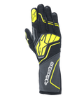 Guanti Alpinestars Tech-1 ZX V4, guanti da corsa per auto, Tar Gray, nero e giallo fluo, con un grande logo a stella giallo sul dorso e marchio bianco sul polsino, tessuto con trama a nido d'ape e accenti neon angolari, attrezzatura professionale da motorsport