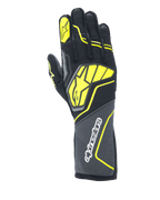 Guanti Alpinestars Tech-1 ZX V4, guanti da corsa per auto, Tar Gray, nero e giallo fluo, con un grande logo a stella giallo sul dorso e marchio bianco sul polsino, tessuto con trama a nido d'ape e accenti neon angolari, attrezzatura professionale da motorsport