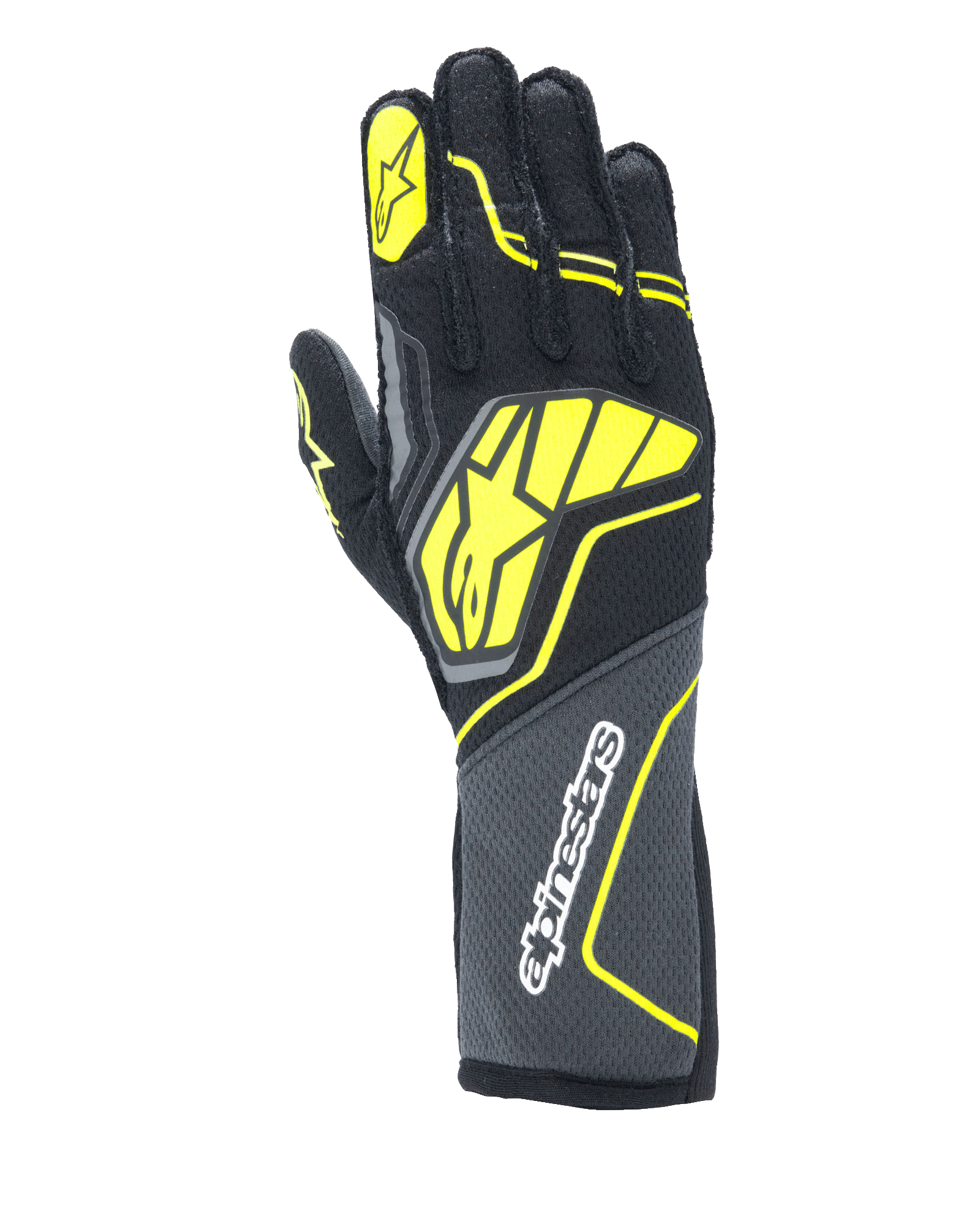 Guanti Alpinestars Tech-1 ZX V4, guanti da corsa per auto, Tar Gray, nero e giallo fluo, con un grande logo a stella giallo sul dorso e marchio bianco sul polsino, tessuto con trama a nido d'ape e accenti neon angolari, attrezzatura professionale da motorsport