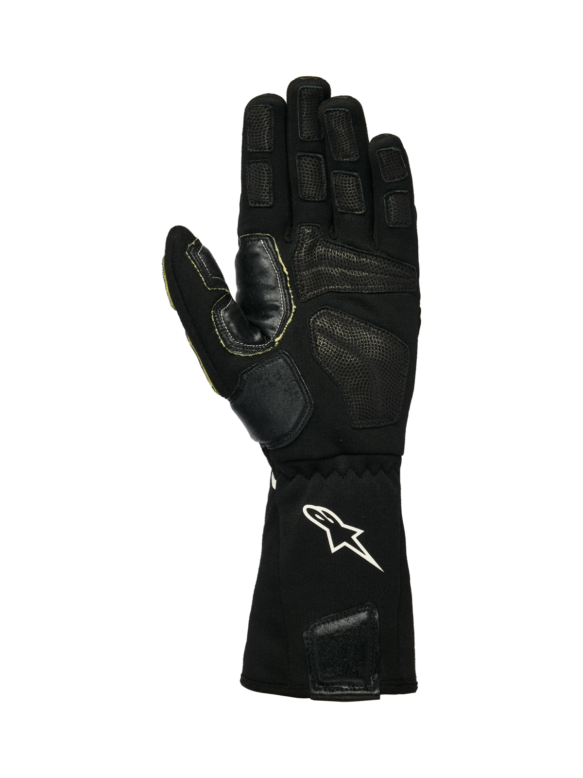 Alpinestars Tech-M V2 Gloves FIA, guanti da pit-crew, nero e bianco, vista del palmo con pelle testurizzata e inserti in silicone, logo a stella bianco sul polsino elasticizzato, progettati per l'uso della pistola per ruote nel motorsport