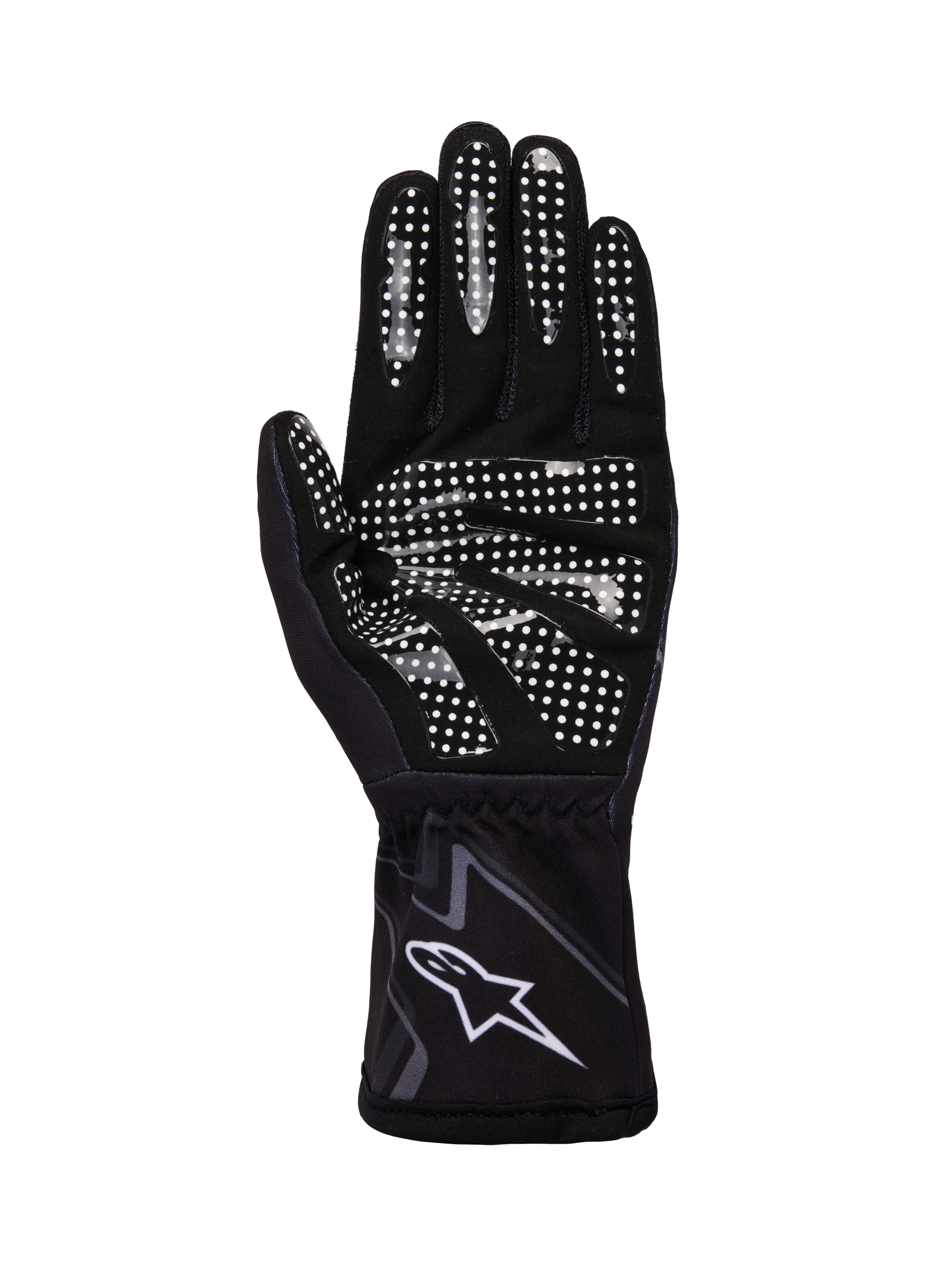 Guanti Alpinestars Tech-1 K Race V2 Graphic 1, guanti da kart, nero, grigio e bianco, vista del palmo con motivo antiscivolo in silicone bianco e logo Alpinestars sul polsino.