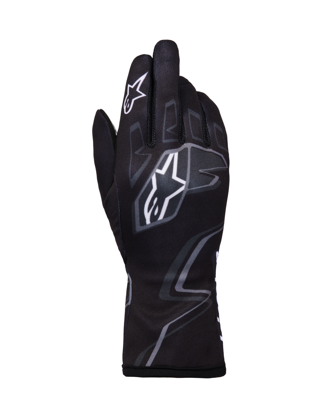 Alpinestars Tech-1 K Race V2 Gloves Graphic 1, guanti da karting, nero con pattern geometrici bianchi e grigi, logo a stella Alpinestars, costruzione in tessuto leggero con grafiche stampate