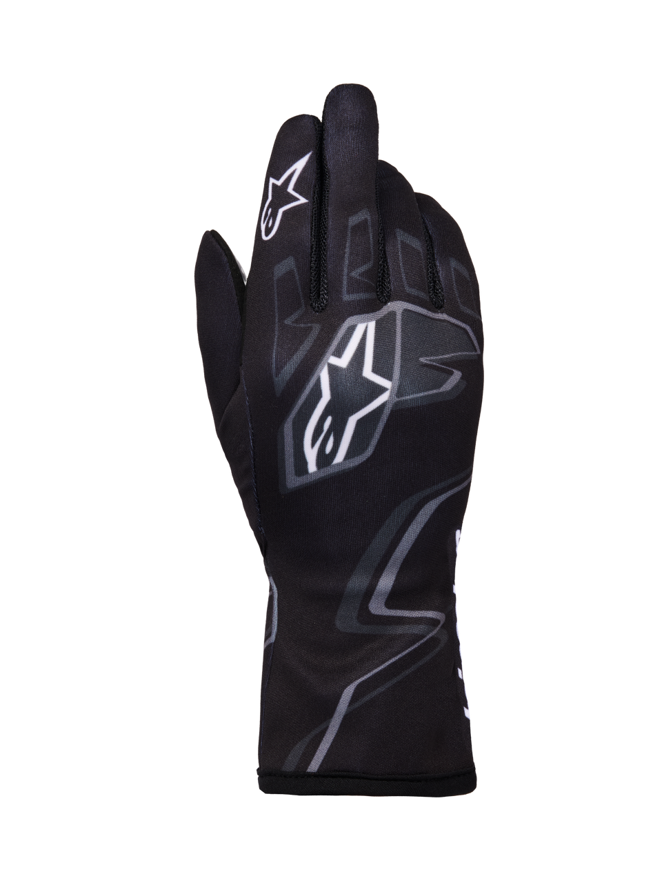 Alpinestars Tech-1 K Race V2 Gloves Graphic 1, guanti da karting, nero con pattern geometrici bianchi e grigi, logo a stella Alpinestars, costruzione in tessuto leggero con grafiche stampate