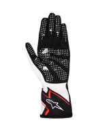 Alpinestars Tech-1 K Race V2 Gloves Graphic 1, guanti da kart, bianco nero e arancione acceso, vista del palmo con camoscio sintetico nero e puntini grip in silicone bianco, design ergonomico con logo Alpinestars sul polsino