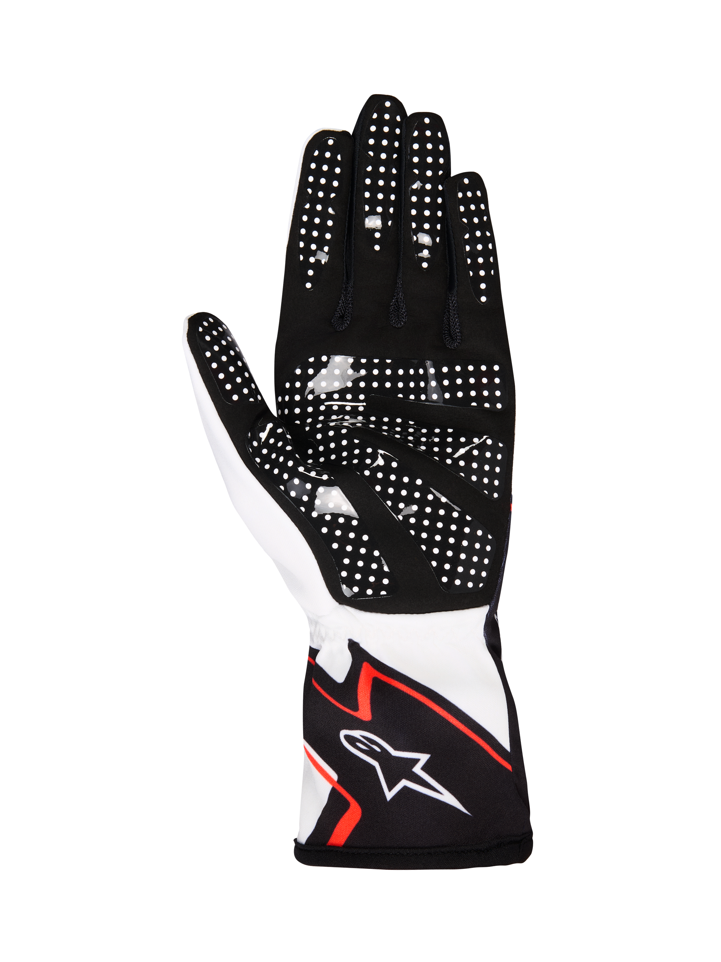 Alpinestars Tech-1 K Race V2 Gloves Graphic 1, guanti da kart, bianco nero e arancione acceso, vista del palmo con camoscio sintetico nero e puntini grip in silicone bianco, design ergonomico con logo Alpinestars sul polsino