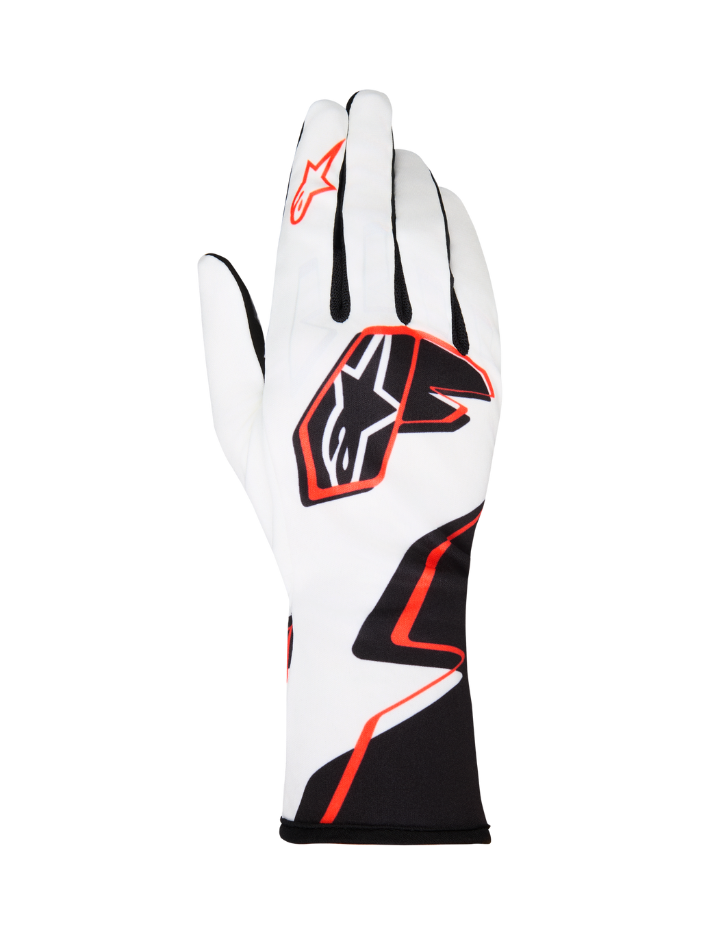 Alpinestars Tech-1 K Race V2 Gloves Graphic 1, guanti da karting, bianco con design geometrico nero e arancione acceso, caratterizzati dal logo Alpinestars a stella sul dorso e sull'indice, in tessuto leggero e traspirante con polsino lungo