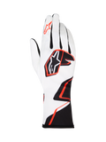 Alpinestars Tech-1 K Race V2 Gloves Graphic 1, guanti da karting, bianco con design geometrico nero e arancione acceso, caratterizzati dal logo Alpinestars a stella sul dorso e sull'indice, in tessuto leggero e traspirante con polsino lungo