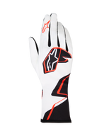 Alpinestars Tech-1 K Race V2 Gloves Graphic 1, guanti da karting, bianco con design geometrico nero e arancione acceso, caratterizzati dal logo Alpinestars a stella sul dorso e sull'indice, in tessuto leggero e traspirante con polsino lungo