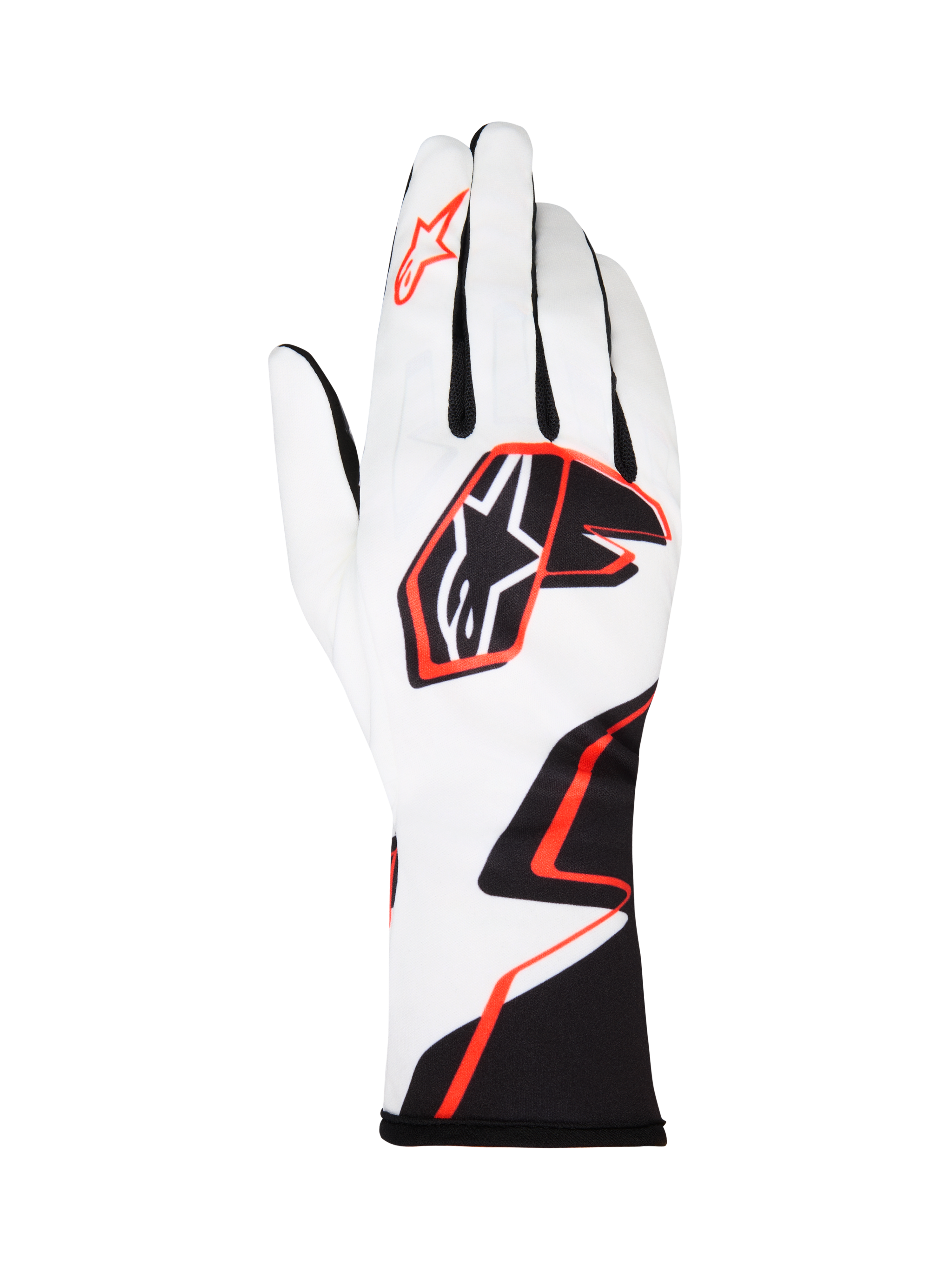 Alpinestars Tech-1 K Race V2 Gloves Graphic 1, guanti da karting, bianco con design geometrico nero e arancione acceso, caratterizzati dal logo Alpinestars a stella sul dorso e sull'indice, in tessuto leggero e traspirante con polsino lungo