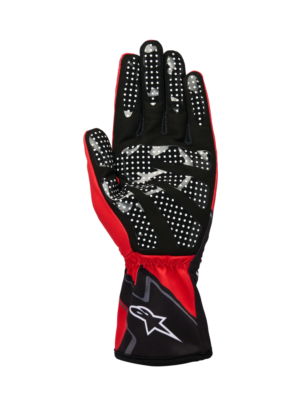 Guanti Alpinestars Tech-1 K Race V2 Graphic 1, guanti da kart, rosso, nero e bianco, vista lato palmo con motivo a puntini in silicone bianco per una presa superiore, materiale in pelle scamosciata sintetica, polsino elasticizzato con logo bianco