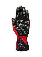 Guanti Alpinestars Tech-1 K Race V2 Graphic 1, guanti da kart, rosso, nero e bianco, vista lato palmo con motivo a puntini in silicone bianco per una presa superiore, materiale in pelle scamosciata sintetica, polsino elasticizzato con logo bianco