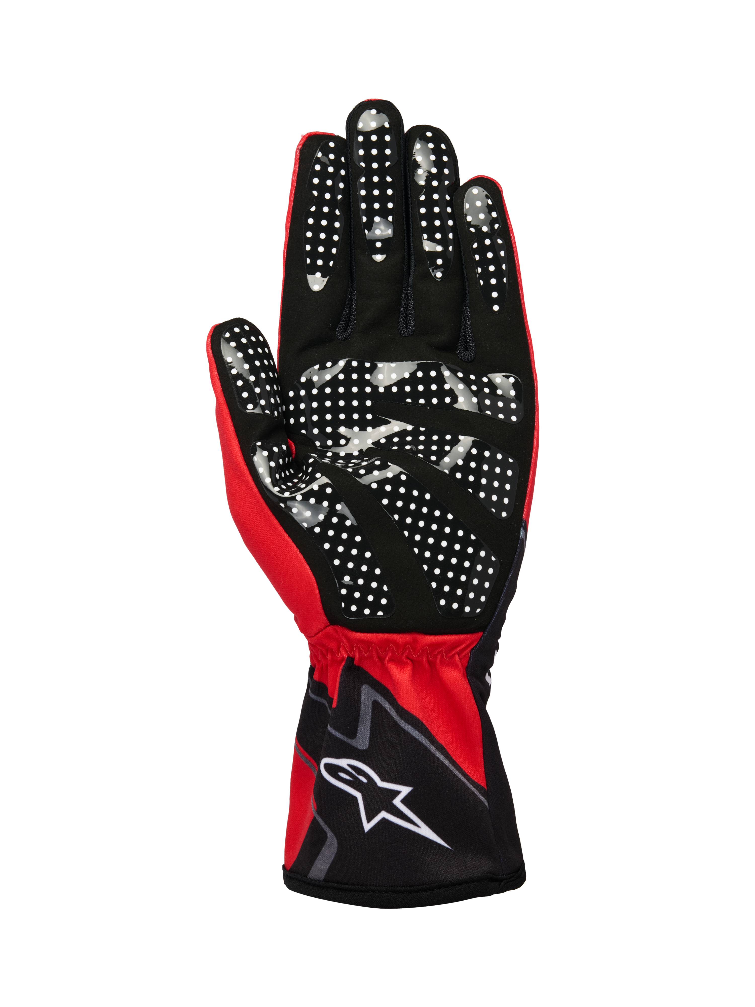 Guanti Alpinestars Tech-1 K Race V2 Graphic 1, guanti da kart, rosso, nero e bianco, vista lato palmo con motivo a puntini in silicone bianco per una presa superiore, materiale in pelle scamosciata sintetica, polsino elasticizzato con logo bianco