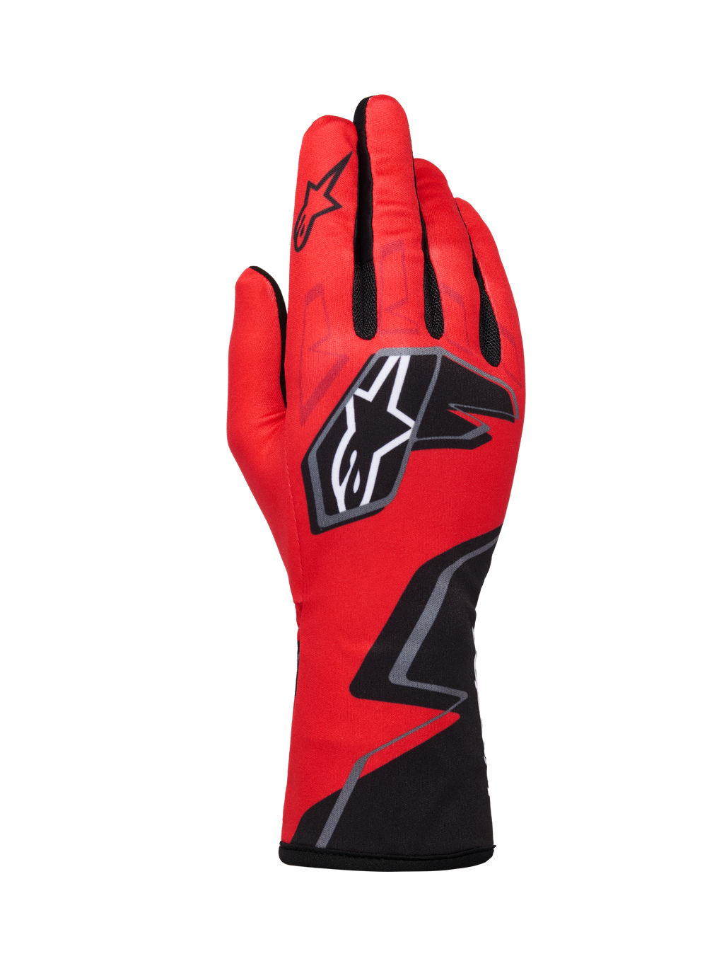 Alpinestars Tech-1 K Race V2 Graphic 1, guanti da karting, rosso con dettagli neri e bianchi, caratterizzati da logo a stella e design geometrico a zigzag sul polso, costruzione in tessuto leggero per motorsport