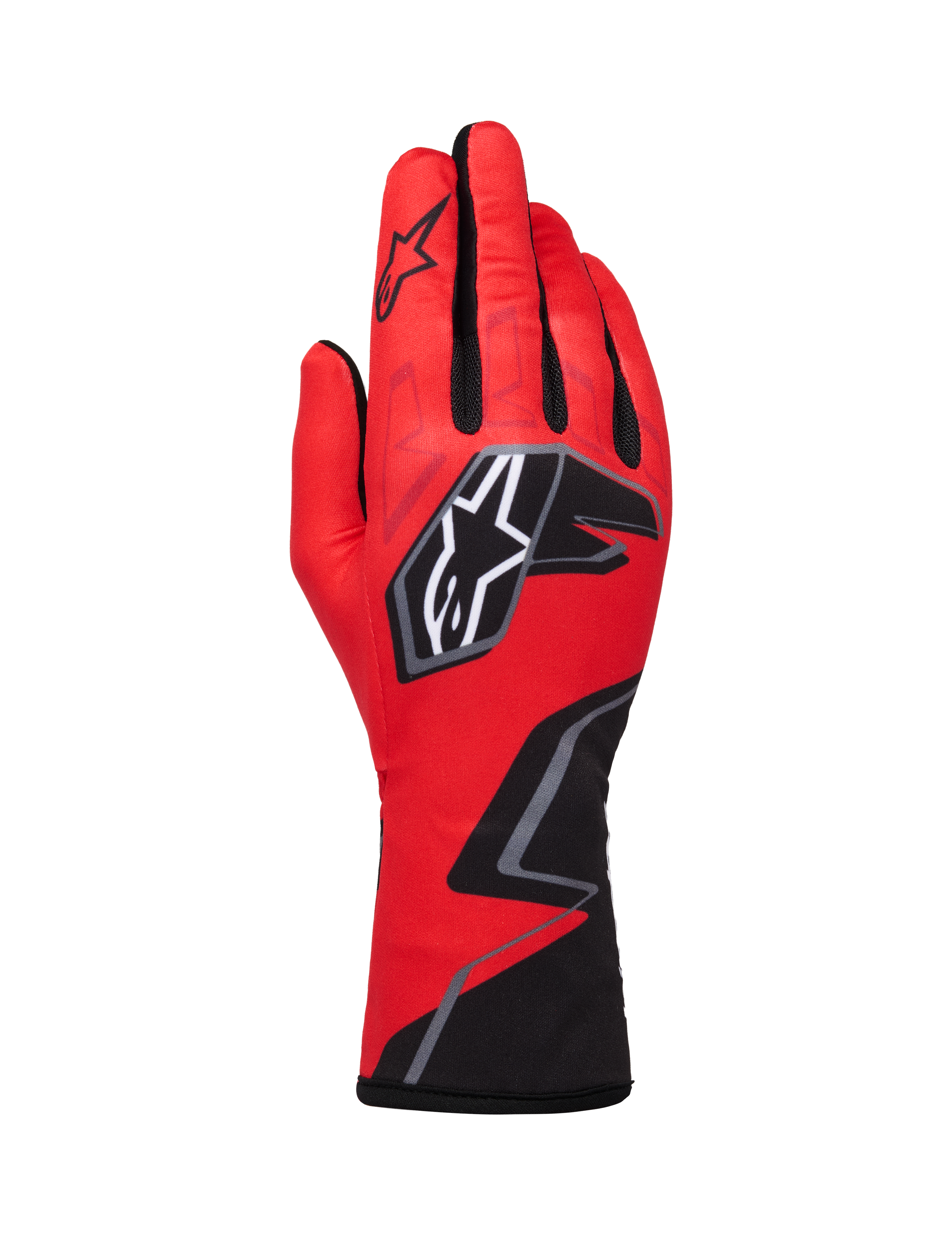 Alpinestars Tech-1 K Race V2 Graphic 1, guanti da karting, rosso con dettagli neri e bianchi, caratterizzati da logo a stella e design geometrico a zigzag sul polso, costruzione in tessuto leggero per motorsport