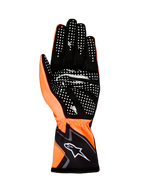 Alpinestars Tech-1 K Race V2 Gloves Graphic 1, guanti da karting, arancione fluo e nero, vista del palmo con motivo grip in silicone bianco e logo Alpinestars sul polsino