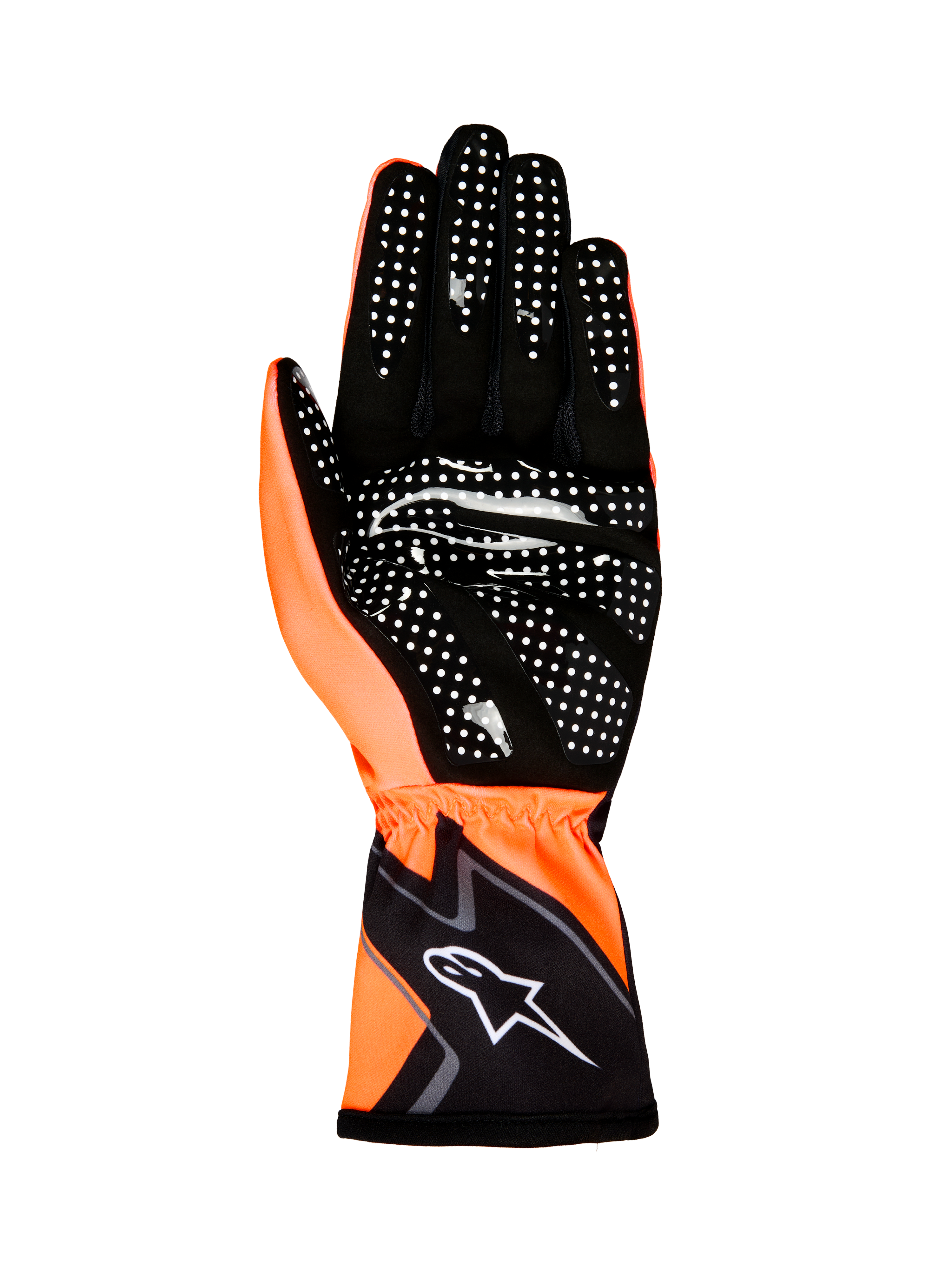 Alpinestars Tech-1 K Race V2 Gloves Graphic 1, guanti da karting, arancione fluo e nero, vista del palmo con motivo grip in silicone bianco e logo Alpinestars sul polsino