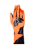 Alpinestars Tech-1 K Race V2 Gloves Graphic 1, guanti da kart, arancione fluo con dettagli neri e bianchi, vista del dorso del guanto sinistro, logo a stella, design in tessuto aderente con grafiche angolari