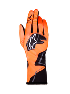 Alpinestars Tech-1 K Race V2 Gloves Graphic 1, guanti da kart, arancione fluo con dettagli neri e bianchi, vista del dorso del guanto sinistro, logo a stella, design in tessuto aderente con grafiche angolari