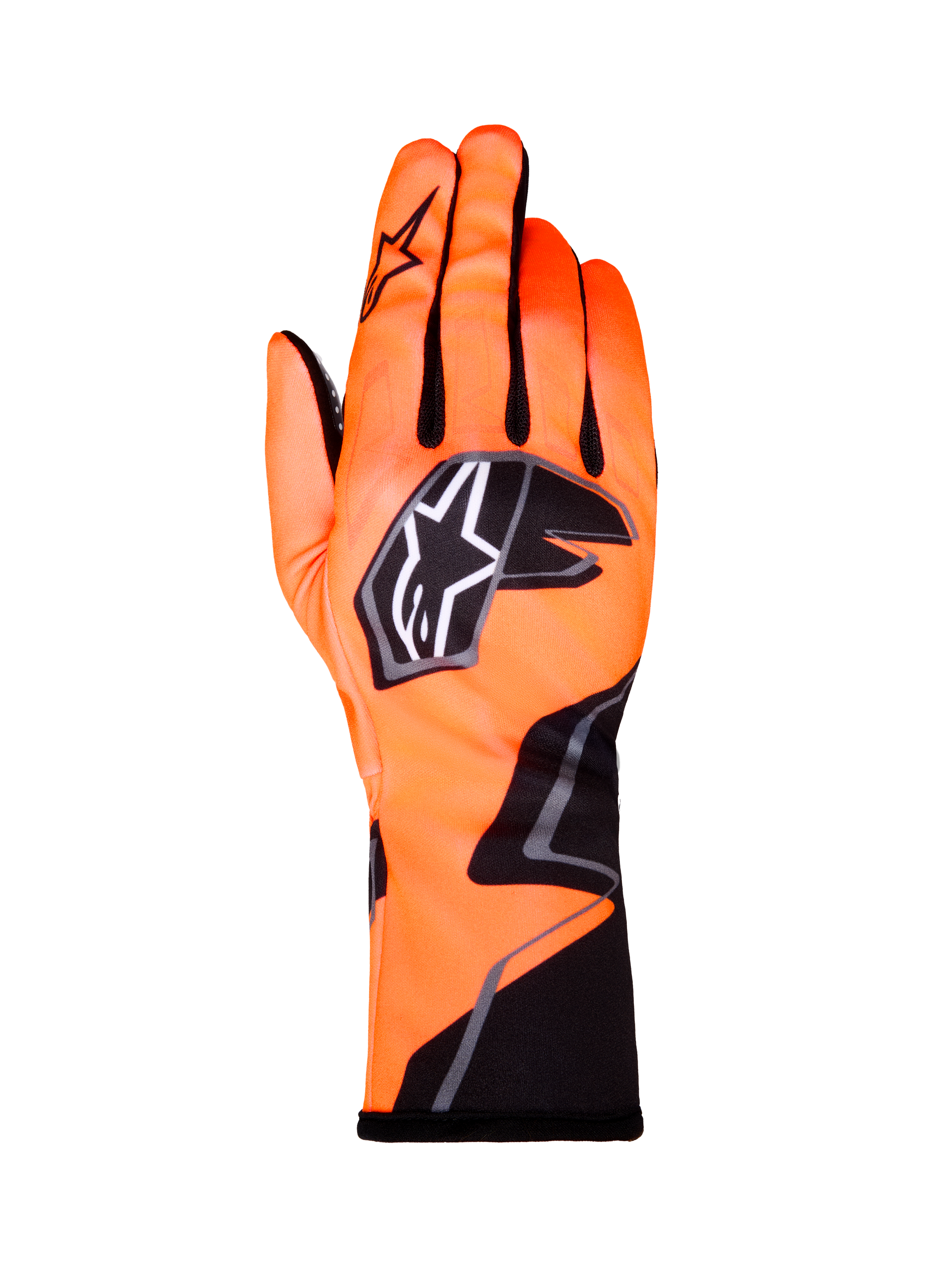 Alpinestars Tech-1 K Race V2 Gloves Graphic 1, guanti da kart, arancione fluo con dettagli neri e bianchi, vista del dorso del guanto sinistro, logo a stella, design in tessuto aderente con grafiche angolari