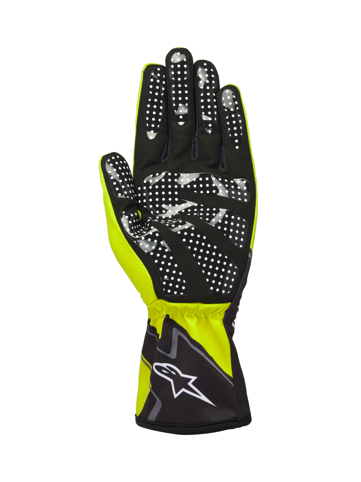 Alpinestars Guanti Tech-1 K Race V2 Graphic 1, Giallo Fluo, Nero e Bianco, vista lato palmo in camoscio sintetico nero con motivo grip a pois in silicone bianco, polsino elasticizzato con logo Alpinestars bianco, guanto da karting ad alte prestazioni