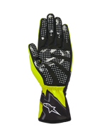 Alpinestars Guanti Tech-1 K Race V2 Graphic 1, Giallo Fluo, Nero e Bianco, vista lato palmo in camoscio sintetico nero con motivo grip a pois in silicone bianco, polsino elasticizzato con logo Alpinestars bianco, guanto da karting ad alte prestazioni