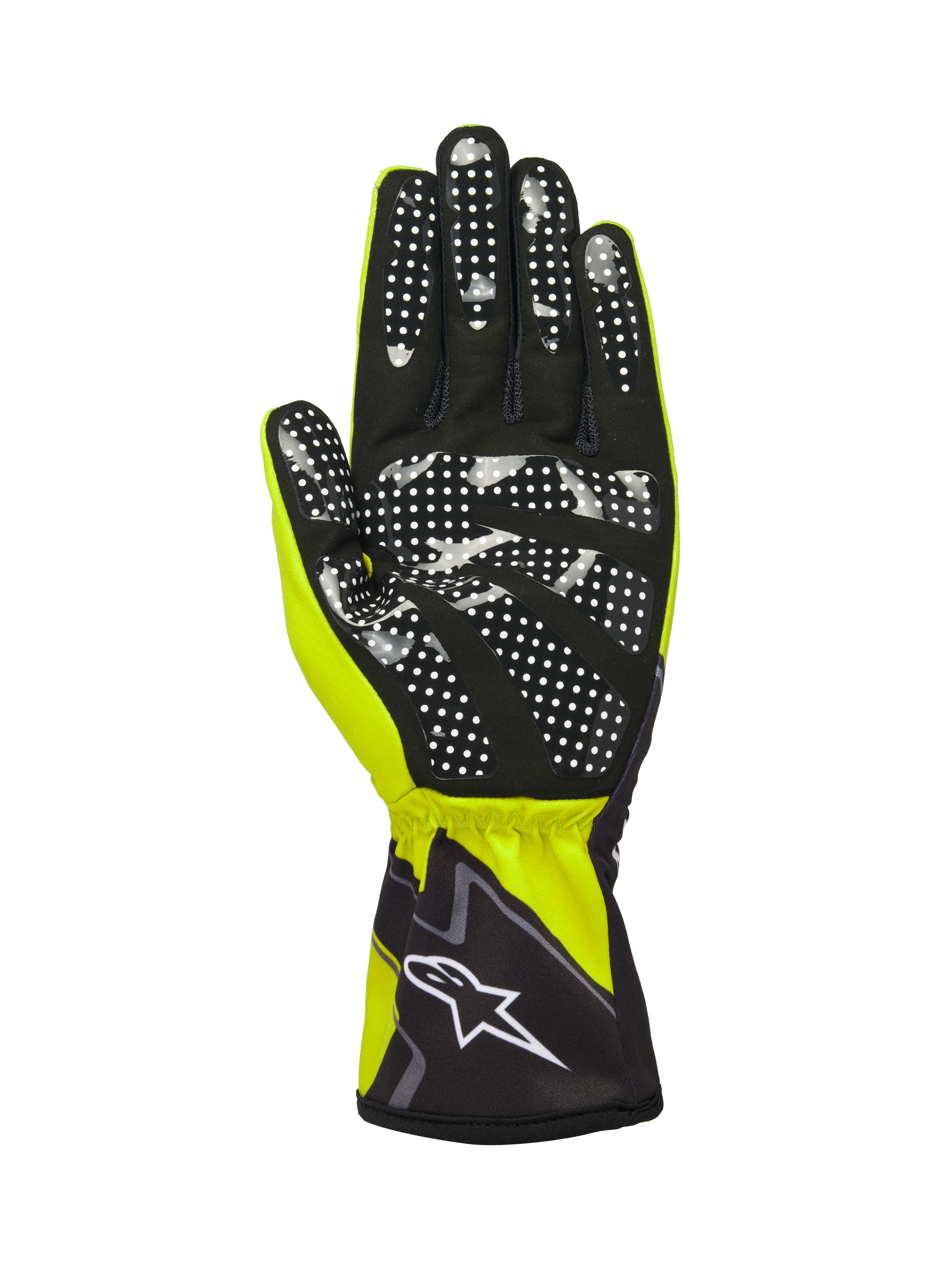Alpinestars Guanti Tech-1 K Race V2 Graphic 1, Giallo Fluo, Nero e Bianco, vista lato palmo in camoscio sintetico nero con motivo grip a pois in silicone bianco, polsino elasticizzato con logo Alpinestars bianco, guanto da karting ad alte prestazioni