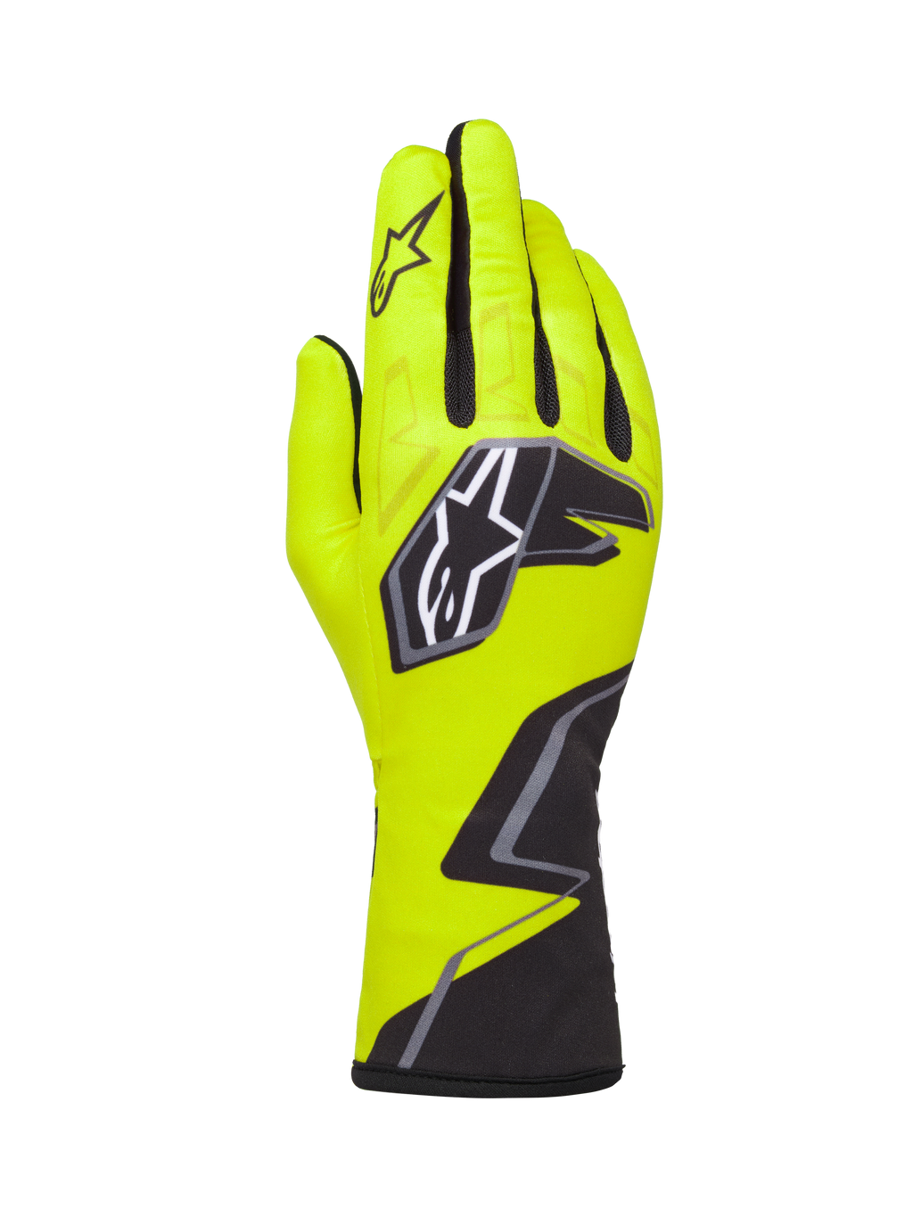 Alpinestars Tech-1 K Race V2 Gloves Graphic 1, guanti da karting, giallo fluo, nero e bianco, con un grande logo a stella sul dorso e un motivo geometrico sul polso, attrezzatura professionale per motorsport