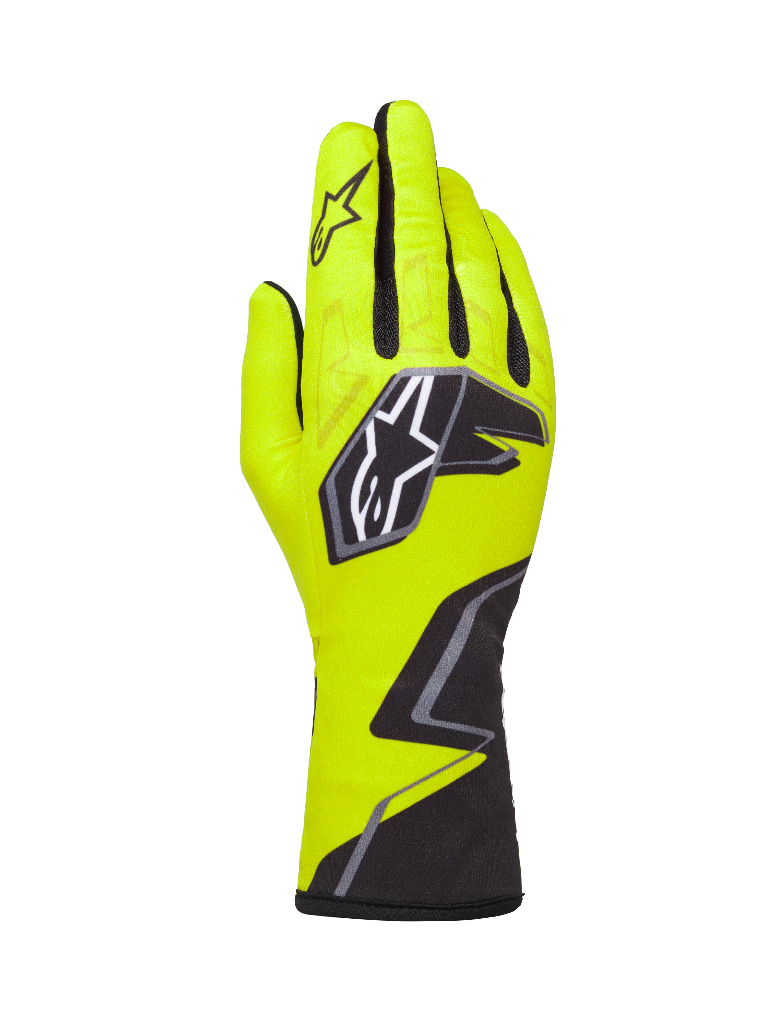 Alpinestars Tech-1 K Race V2 Gloves Graphic 1, guanti da karting, giallo fluo, nero e bianco, con un grande logo a stella sul dorso e un motivo geometrico sul polso, attrezzatura professionale per motorsport