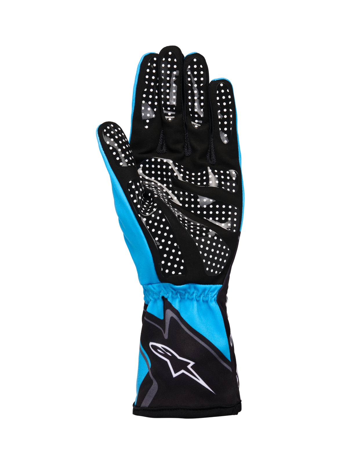 Alpinestars Tech-1 K Race V2 Gloves Graphic 1, guanti da kart, ciano, nero e bianco, con palmo in scamosciato sintetico e motivo a puntini in silicone bianco per il grip, polsino elasticizzato con logo Alpinestars bianco, costruzione leggera e traspirante per il motorsport