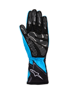 Alpinestars Tech-1 K Race V2 Gloves Graphic 1, guanti da kart, ciano, nero e bianco, con palmo in scamosciato sintetico e motivo a puntini in silicone bianco per il grip, polsino elasticizzato con logo Alpinestars bianco, costruzione leggera e traspirante per il motorsport