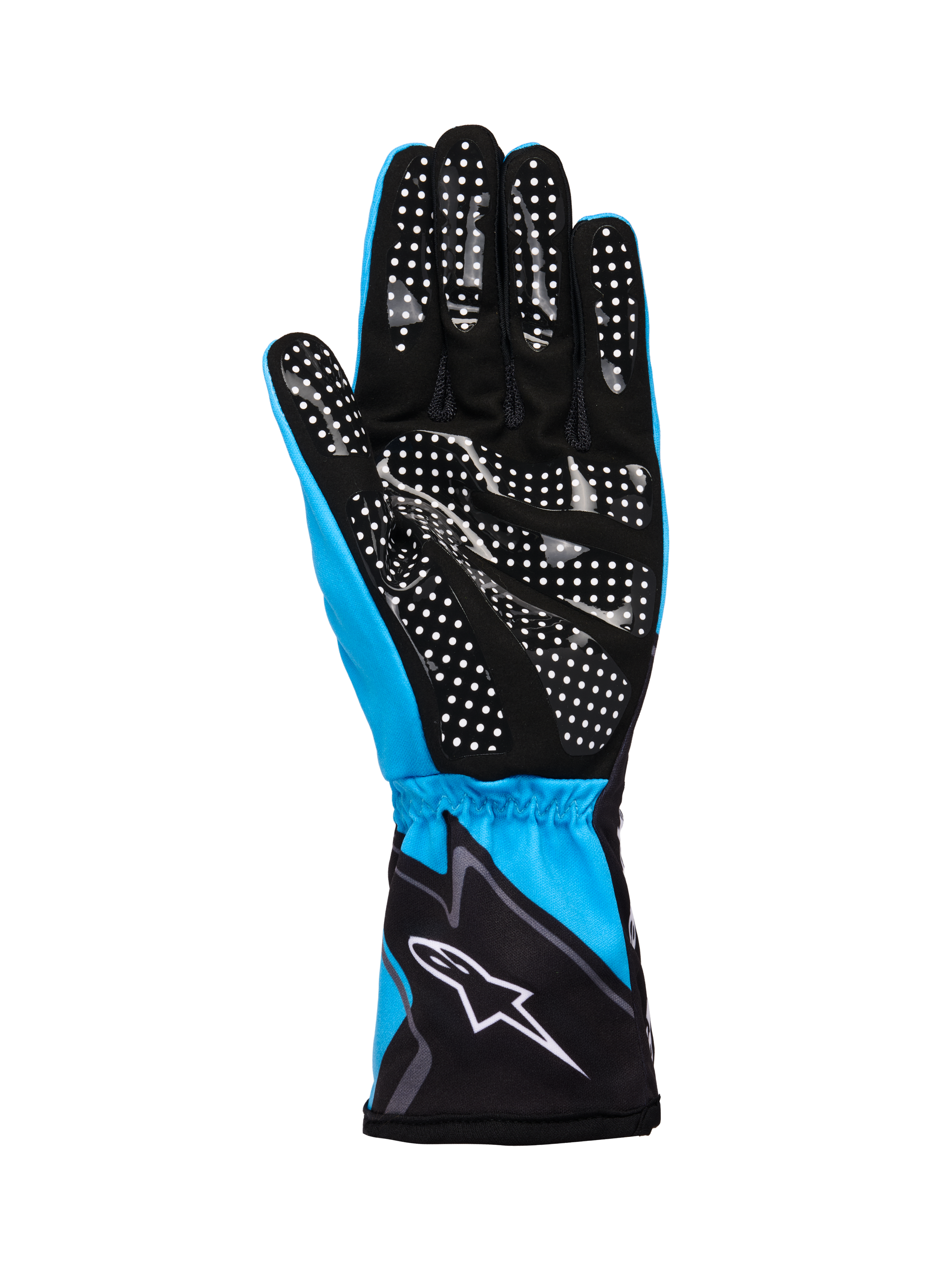 Alpinestars Tech-1 K Race V2 Gloves Graphic 1, guanti da kart, ciano, nero e bianco, con palmo in scamosciato sintetico e motivo a puntini in silicone bianco per il grip, polsino elasticizzato con logo Alpinestars bianco, costruzione leggera e traspirante per il motorsport