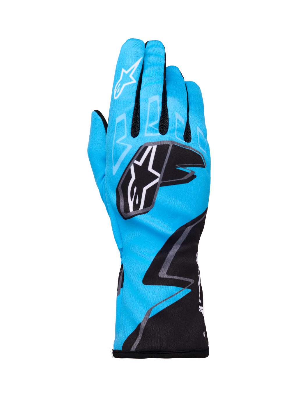 Alpinestars Tech-1 K Race V2 Gloves Graphic 1, guanti da karting, ciano, nero e bianco, con motivi geometrici audaci, logo Alpinestars bianco sulle nocche, polsino esteso, materiale leggero e traspirante per prestazioni nel karting