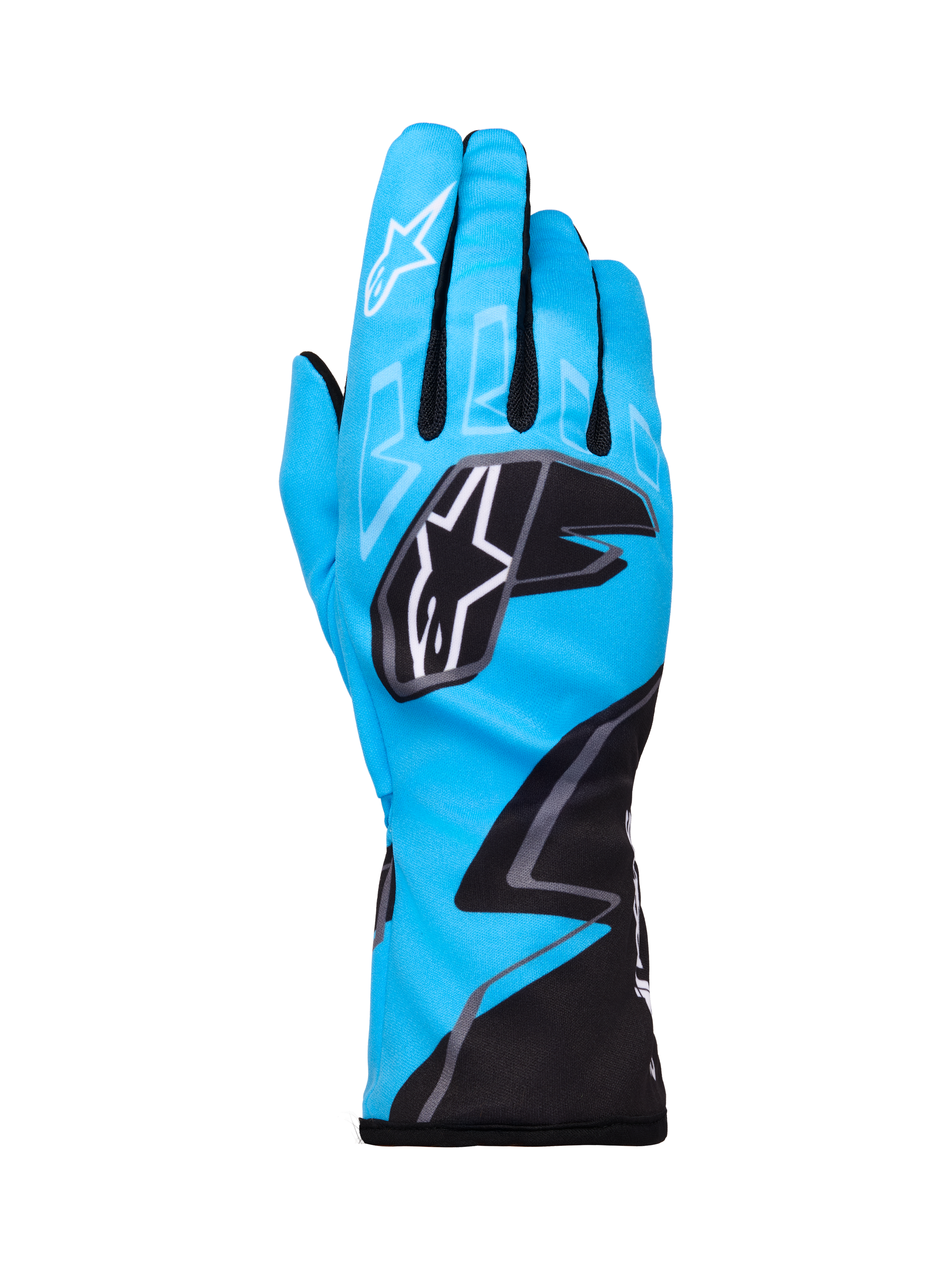 Alpinestars Tech-1 K Race V2 Gloves Graphic 1, guanti da karting, ciano, nero e bianco, con motivi geometrici audaci, logo Alpinestars bianco sulle nocche, polsino esteso, materiale leggero e traspirante per prestazioni nel karting