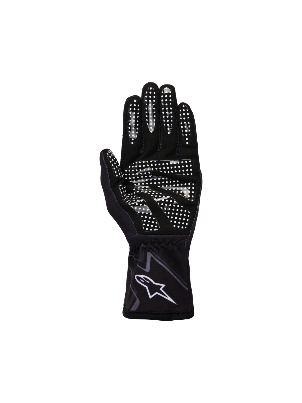 Guanti Alpinestars Youth Tech-1 K Race S V2 Graphic 1, nero, grigio e bianco, vista del palmo con motivo grip in silicone bianco su dita e palmo, costruzione in pelle scamosciata sintetica, logo A-star bianco sul polsino elasticizzato