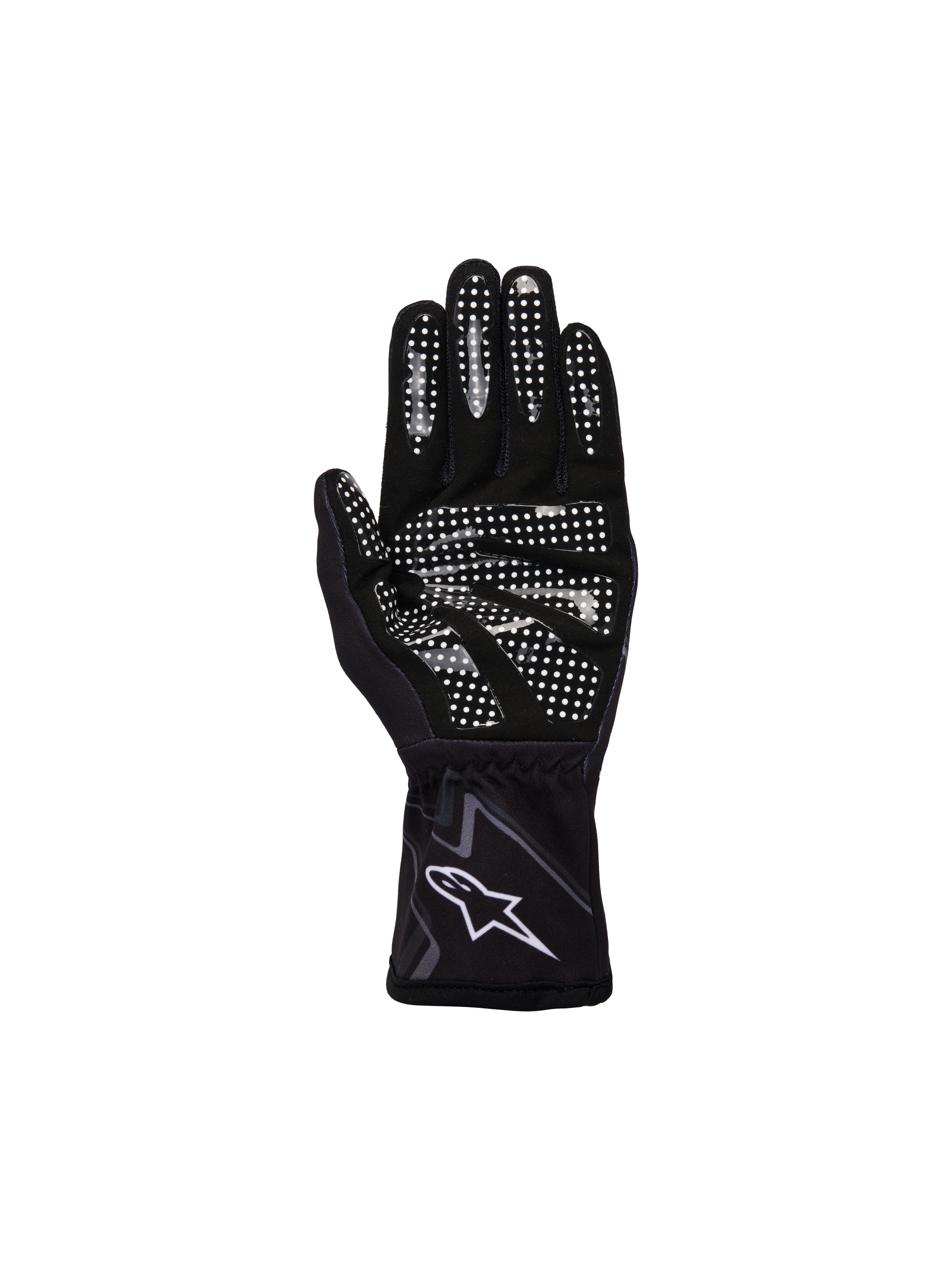 Guanti Alpinestars Youth Tech-1 K Race S V2 Graphic 1, nero, grigio e bianco, vista del palmo con motivo grip in silicone bianco su dita e palmo, costruzione in pelle scamosciata sintetica, logo A-star bianco sul polsino elasticizzato