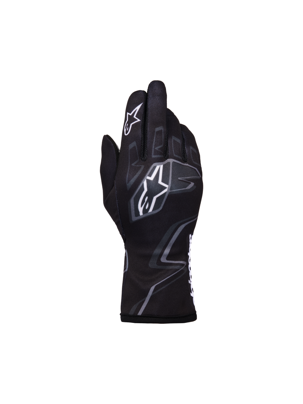 Alpinestars Youth Tech-1 K Race S V2 Graphic 1, guanti da karting per ragazzi, nero, grigio e bianco, con loghi Astar bianchi e grafiche grigie ispirate alle fiamme, costruzione in tessuto leggero con polsino elasticizzato