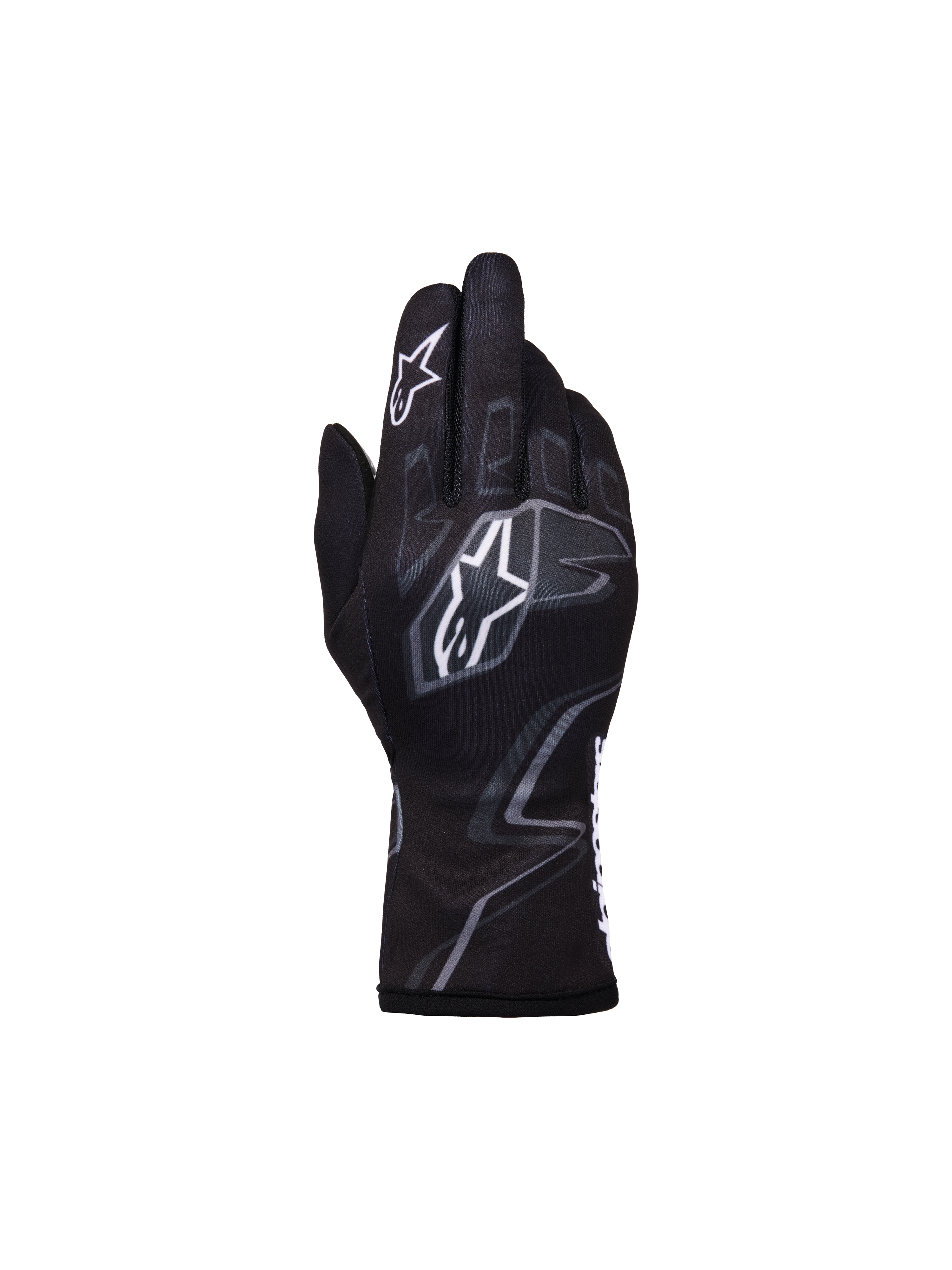 Alpinestars Youth Tech-1 K Race S V2 Graphic 1, guanti da karting per ragazzi, nero, grigio e bianco, con loghi Astar bianchi e grafiche grigie ispirate alle fiamme, costruzione in tessuto leggero con polsino elasticizzato