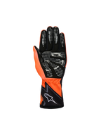 Guanti Alpinestars Youth Tech-1 K Race S V2 Graphic 1, guanti da karting, arancione fluo, nero e bianco, vista del palmo con camoscio sintetico nero e motivo grip in silicone bianco, pollice arancione fluo e polsino nero con logo Alpinestars bianco