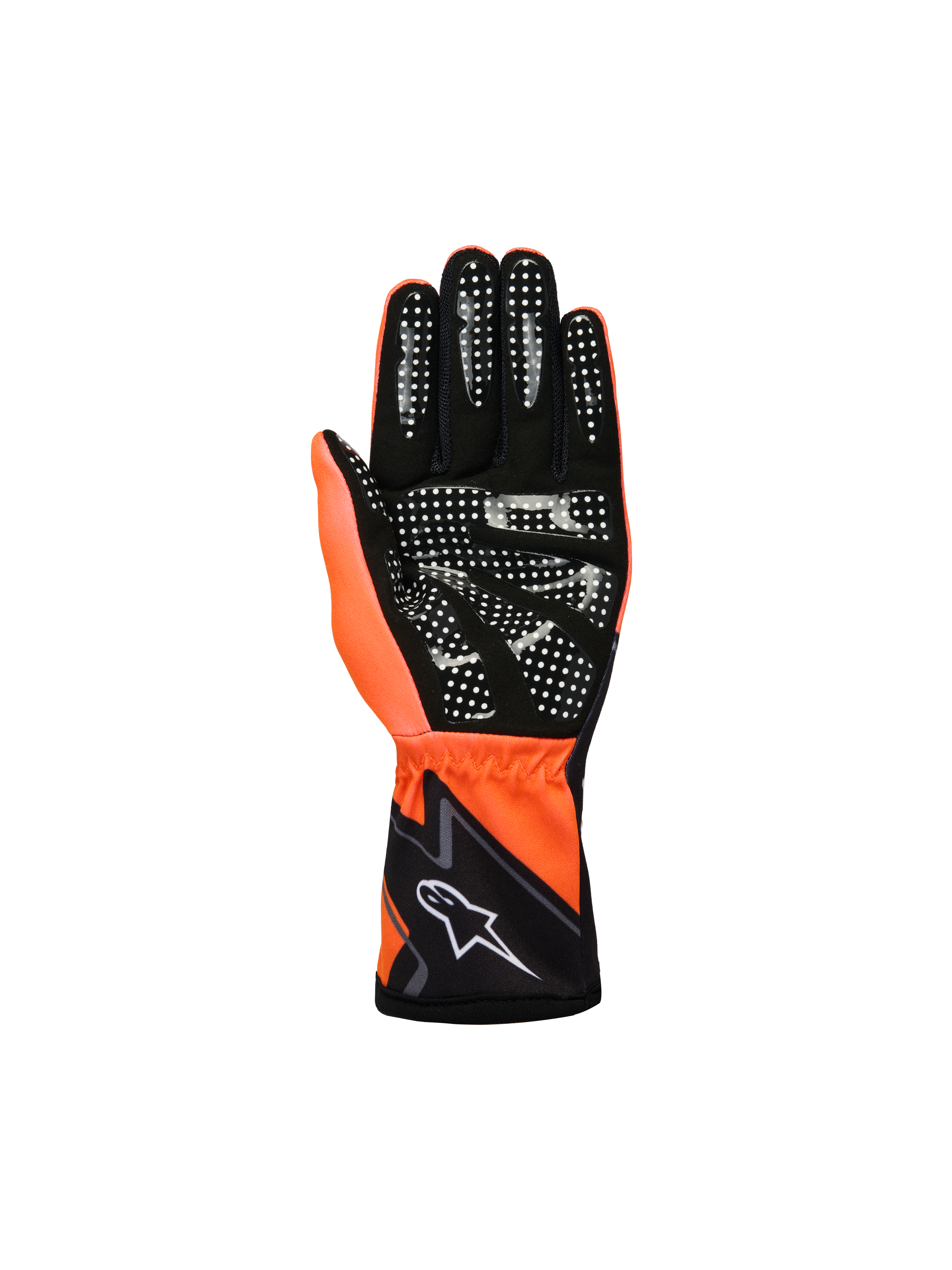 Guanti Alpinestars Youth Tech-1 K Race S V2 Graphic 1, guanti da karting, arancione fluo, nero e bianco, vista del palmo con camoscio sintetico nero e motivo grip in silicone bianco, pollice arancione fluo e polsino nero con logo Alpinestars bianco
