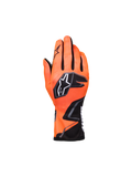 Alpinestars Youth Tech-1 K Race S V2 Graphic 1, guanti da karting, arancione fluo e nero, con un vistoso logo a stella e grafiche aggressive, vista del dorso con inserti in mesh nero tra le dita, costruzione in tessuto leggero per ragazzi