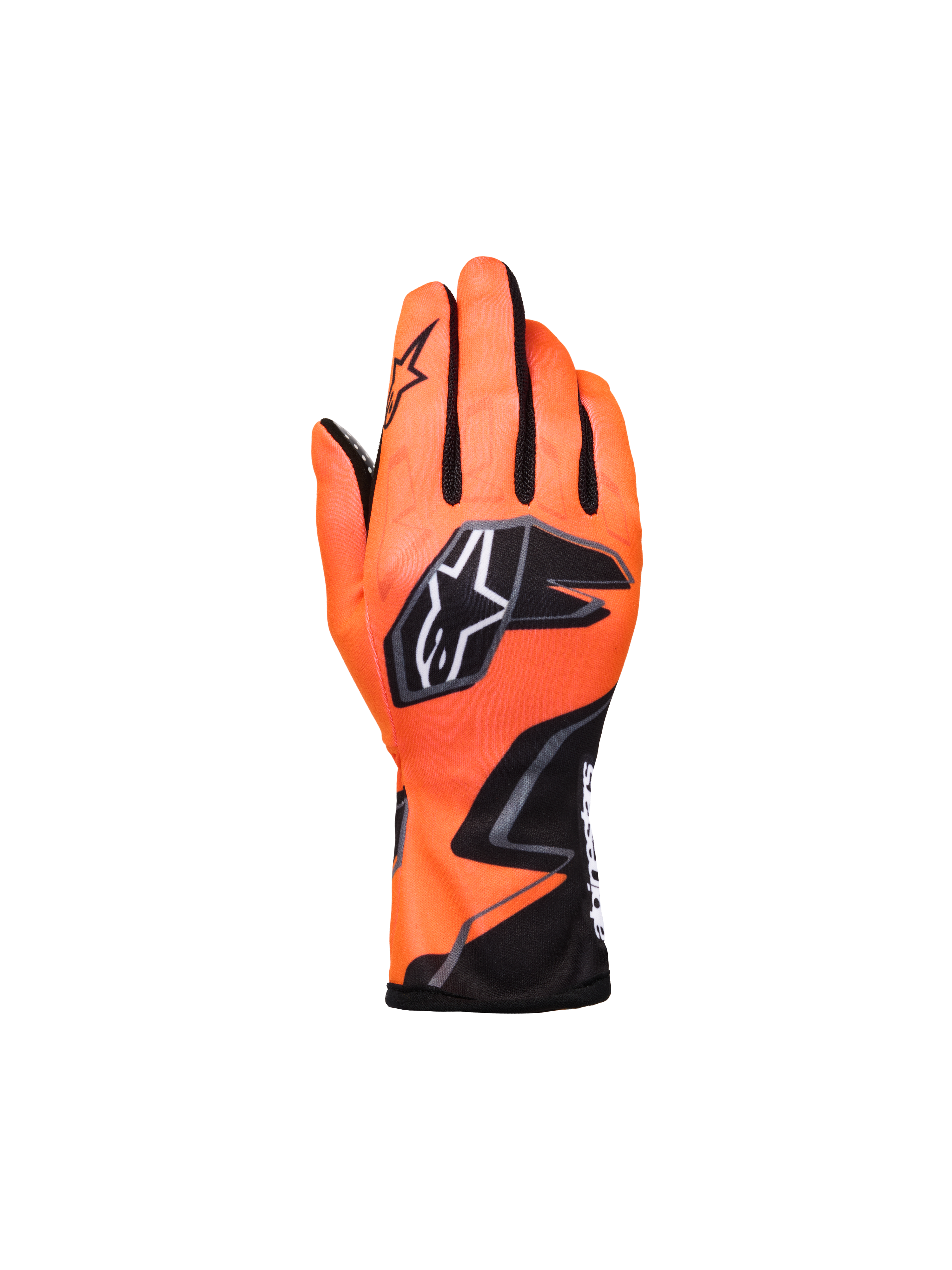 Alpinestars Youth Tech-1 K Race S V2 Graphic 1, guanti da karting, arancione fluo e nero, con un vistoso logo a stella e grafiche aggressive, vista del dorso con inserti in mesh nero tra le dita, costruzione in tessuto leggero per ragazzi