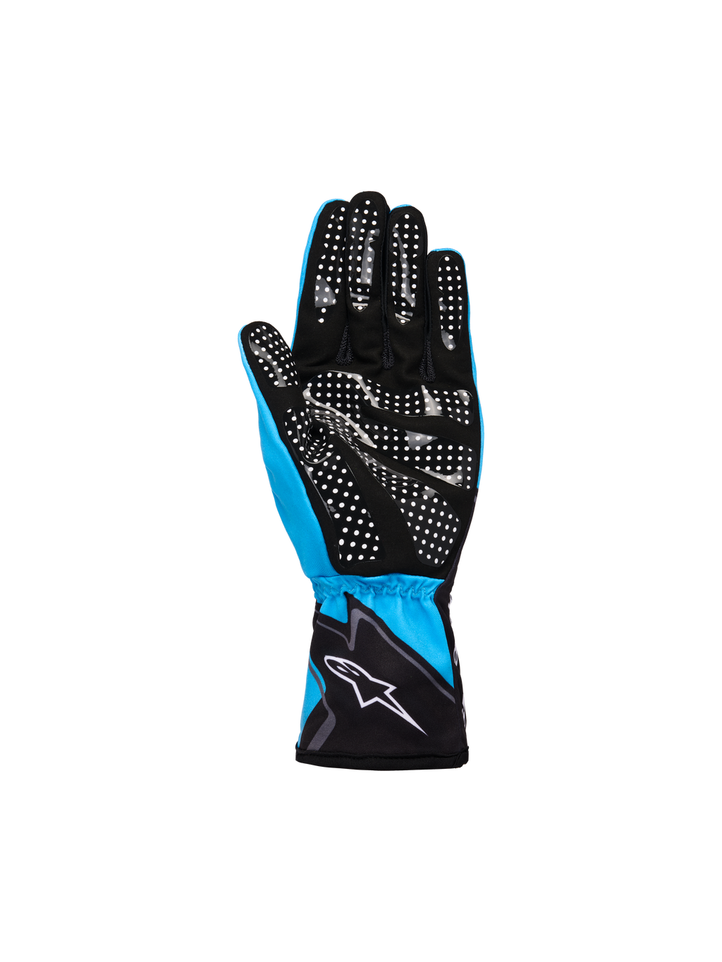 Guanti Alpinestars Youth Tech-1 K Race S V2 Graphic 1, ciano, nero e bianco, vista del palmo con motivo grip in silicone a pois bianchi, costruzione in tessuto leggero e pelle scamosciata sintetica con logo Alpinestars sul polsino elasticizzato