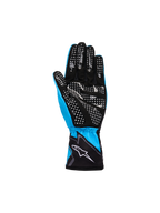 Guanti Alpinestars Youth Tech-1 K Race S V2 Graphic 1, ciano, nero e bianco, vista del palmo con motivo grip in silicone a pois bianchi, costruzione in tessuto leggero e pelle scamosciata sintetica con logo Alpinestars sul polsino elasticizzato