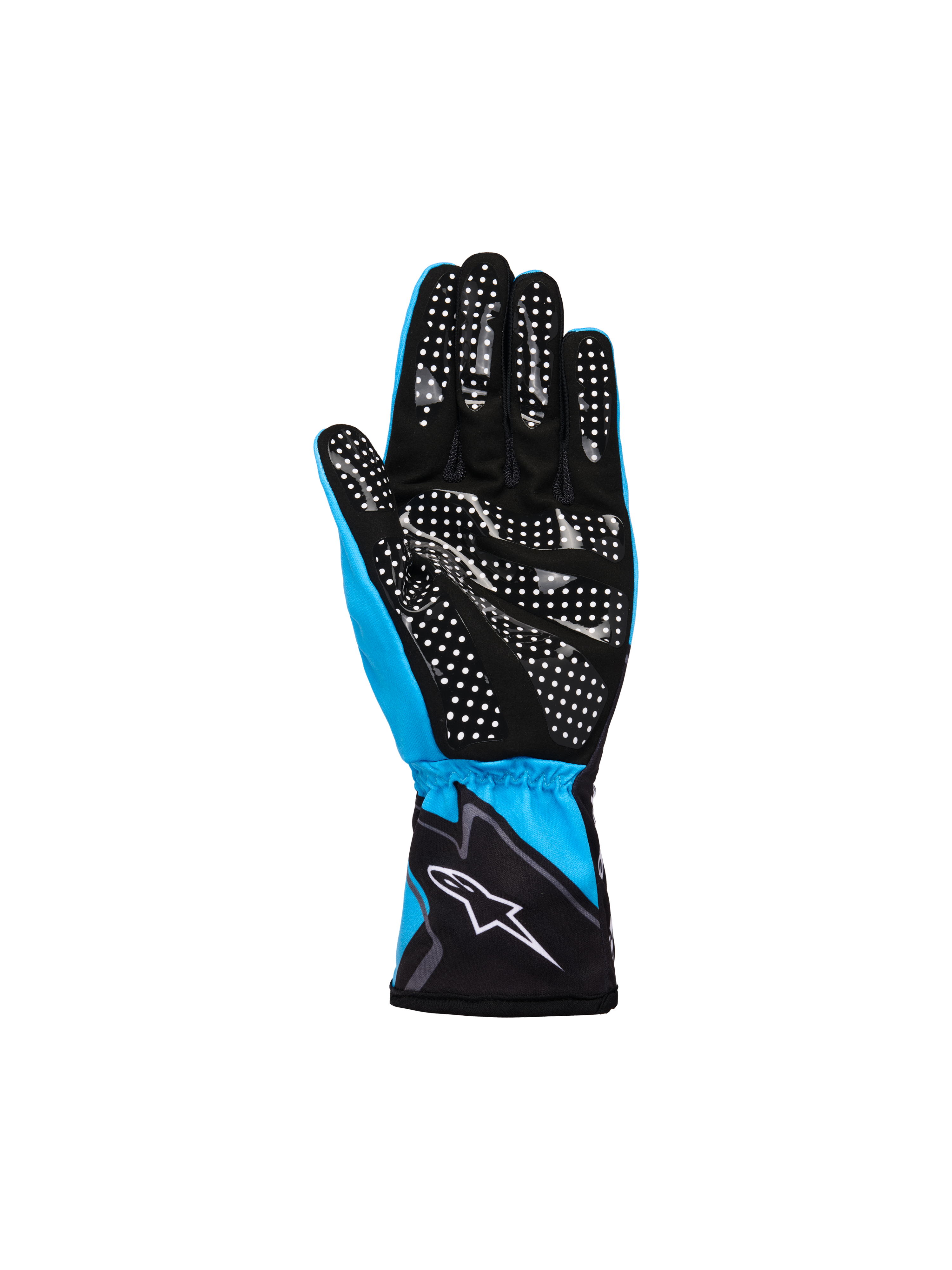 Guanti Alpinestars Youth Tech-1 K Race S V2 Graphic 1, ciano, nero e bianco, vista del palmo con motivo grip in silicone a pois bianchi, costruzione in tessuto leggero e pelle scamosciata sintetica con logo Alpinestars sul polsino elasticizzato