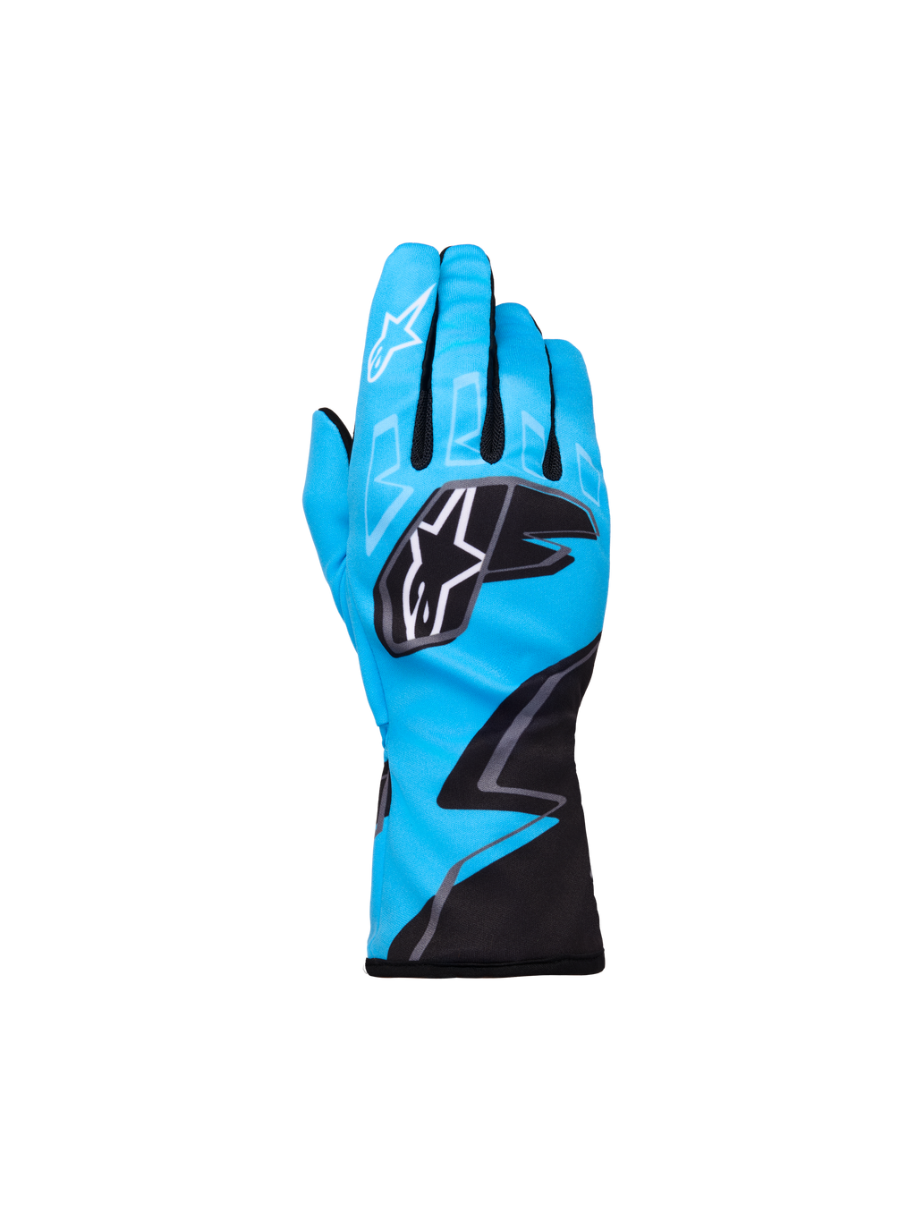 Alpinestars Youth Tech-1 K Race S V2 Graphic 1 Gloves, guanti da karting, blu ciano con dettagli neri e bianchi, loghi Alpinestars a stella sulle nocche e sull'indice, motivo grafico a zigzag, protezione sportiva leggera per giovani piloti