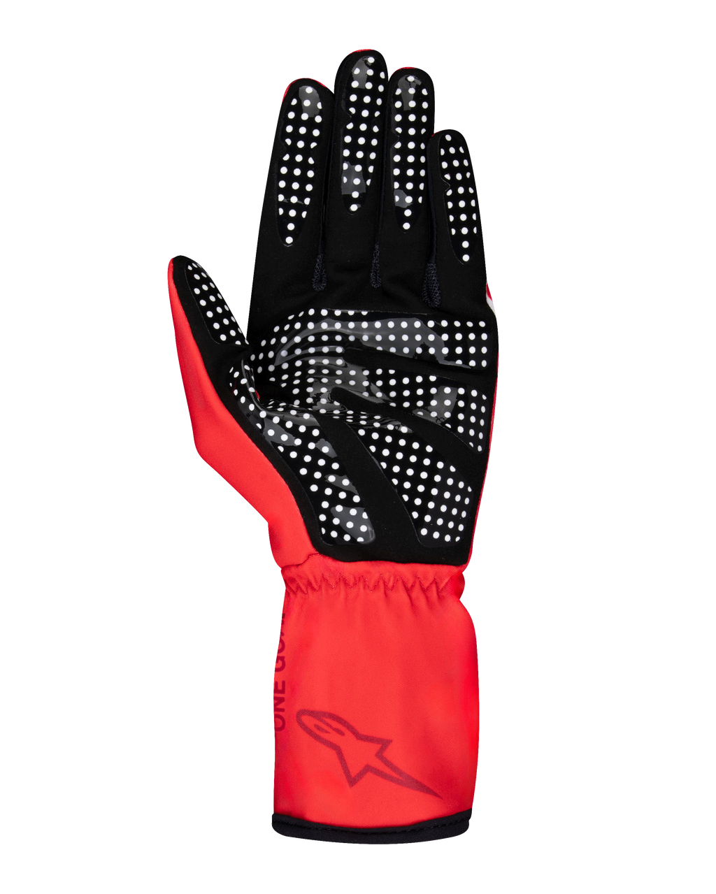 Alpinestars Youth Tech-1 K Race S V2 Pure Gloves, guanti da karting, rosso, vista del palmo che mette in risalto il grip puntinato in silicone bianco su scamosciato sintetico nero, con polsino elasticizzato e logo Alpinestars.