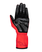 Alpinestars Youth Tech-1 K Race S V2 Pure Gloves, guanti da karting, rosso, vista del palmo che mette in risalto il grip puntinato in silicone bianco su scamosciato sintetico nero, con polsino elasticizzato e logo Alpinestars.